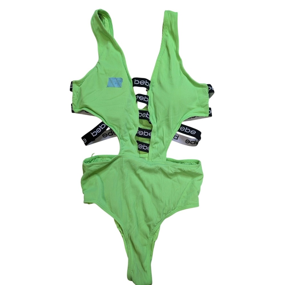 Bebe‎ Neon Green Ribbed Cutout One Piece Swimsuit Monokini Summer Slinky